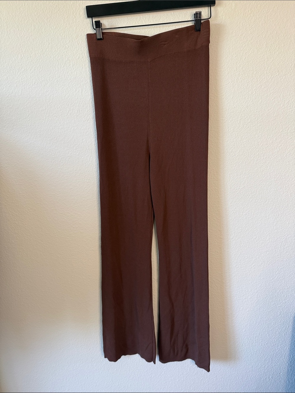 The Drop Chocolate Brown Ribbed Knit High-Rise Wide Leg Pants